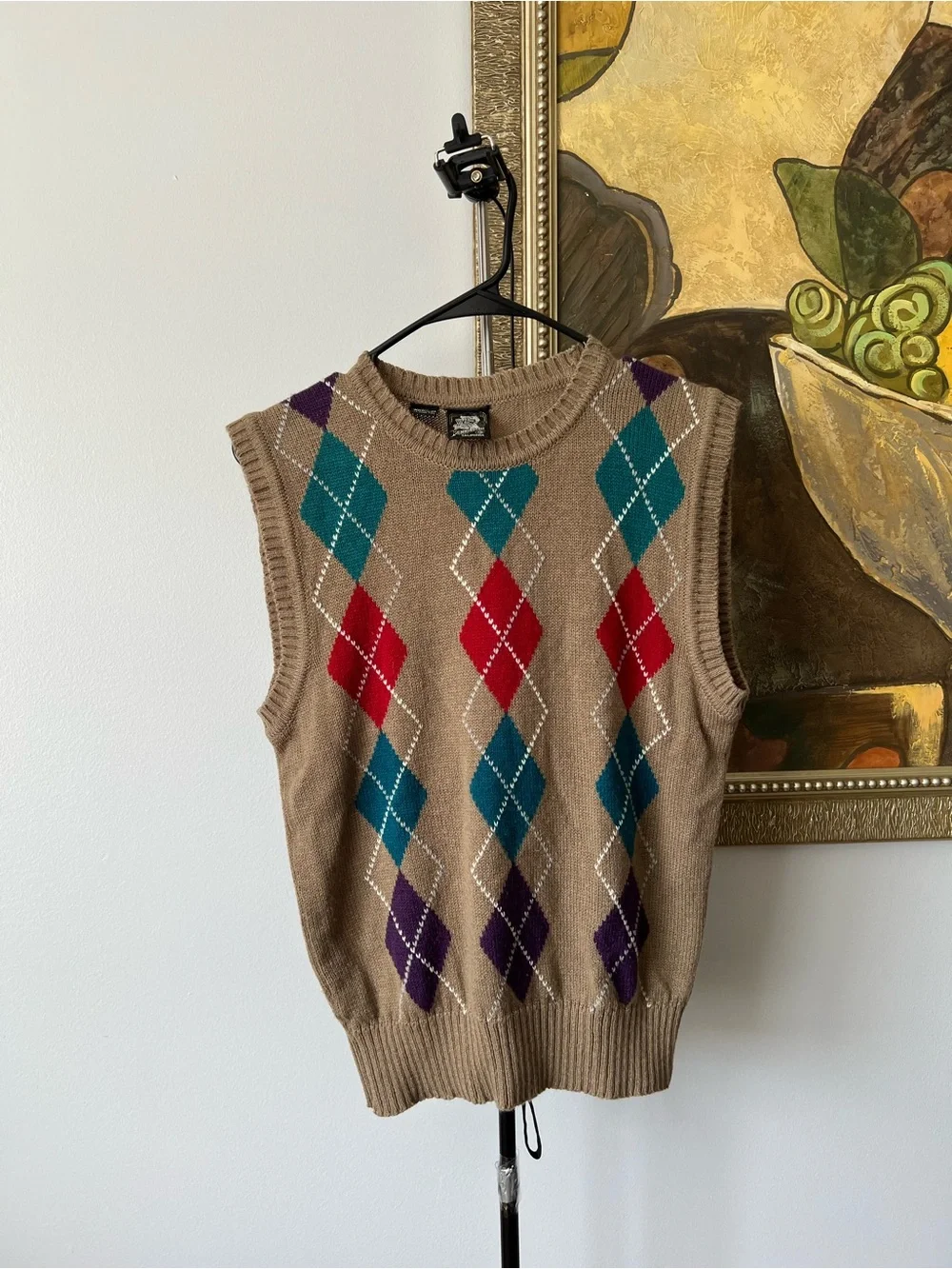 Kennington California Men Argyle Knit Sweater Vest Tan Brown Multi Color Medium
